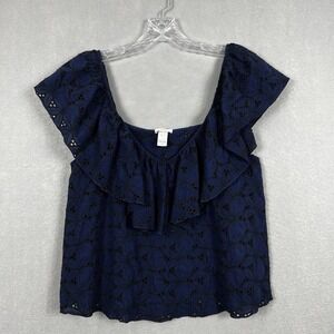 Eberjey Shirt Top Navy Blue Embroidered Evelyn Ruffled Cotton Large Top
